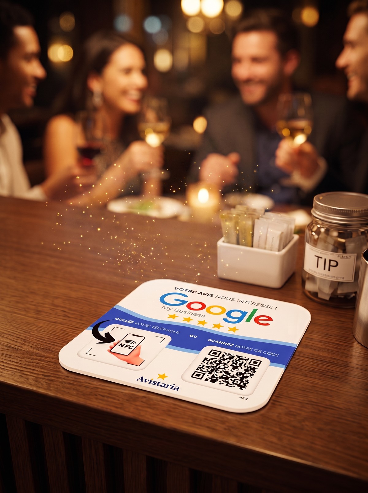Plaque d'avis Google Avistaria posée sur un comptoir de café