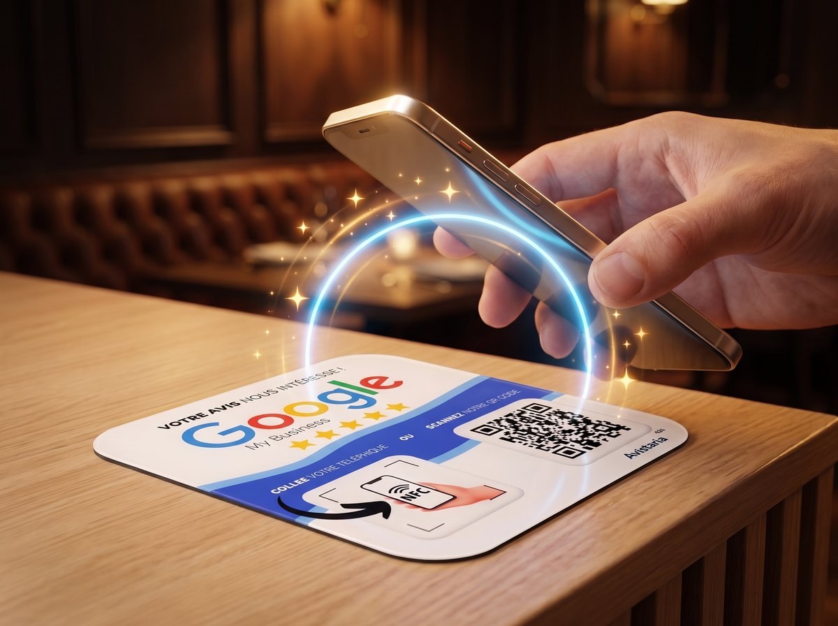 Client qui approche son téléphone de la plaque
